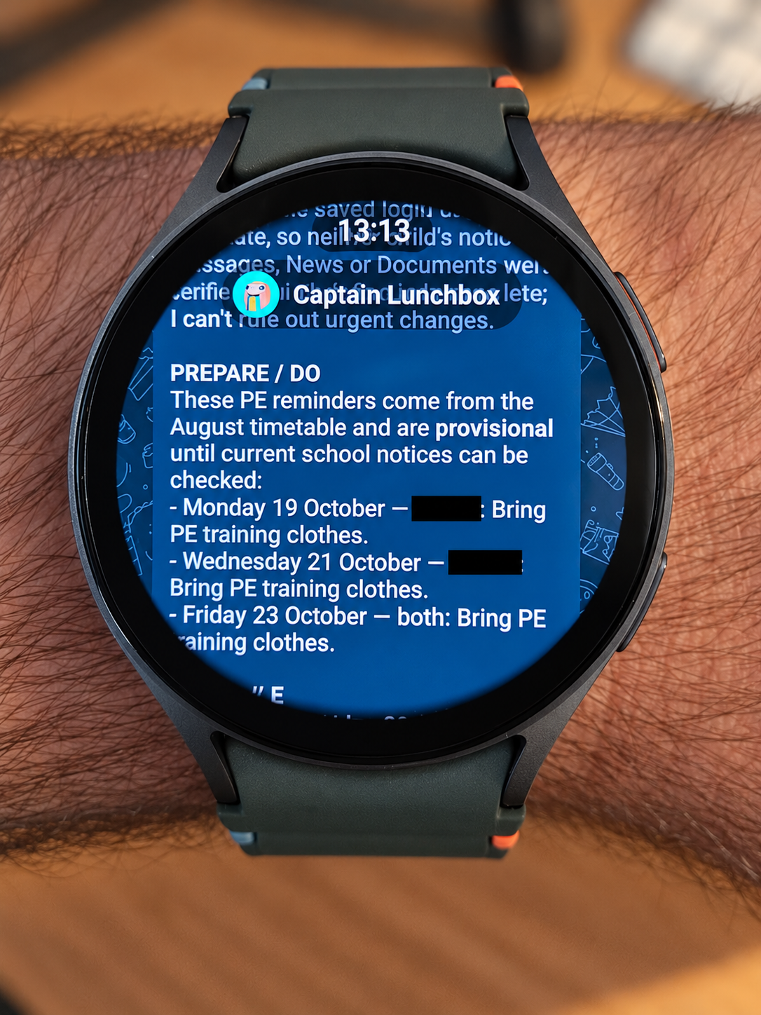 Captain Lunchbox briefing displayed through Telegram on my Galaxy Watch